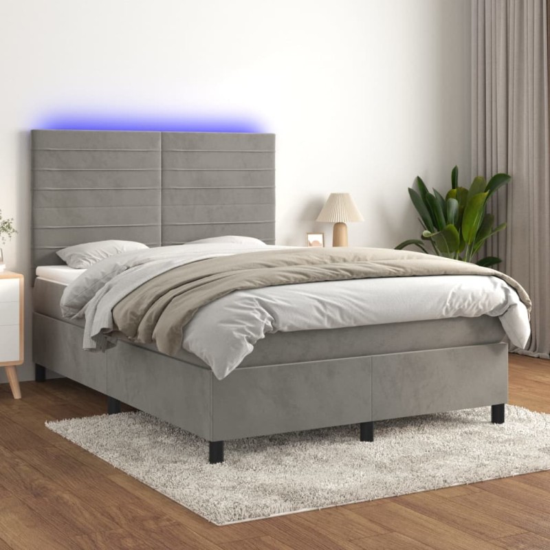 vidaXL Cama box spring colchón y LED terciopelo gris claro 140x190 cm vidaXL Cama box spring colchón y LED terciopelo gris claro 140x190 cm