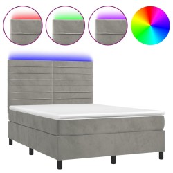 vidaXL Cama box spring colchón y LED terciopelo gris claro 140x190 cm