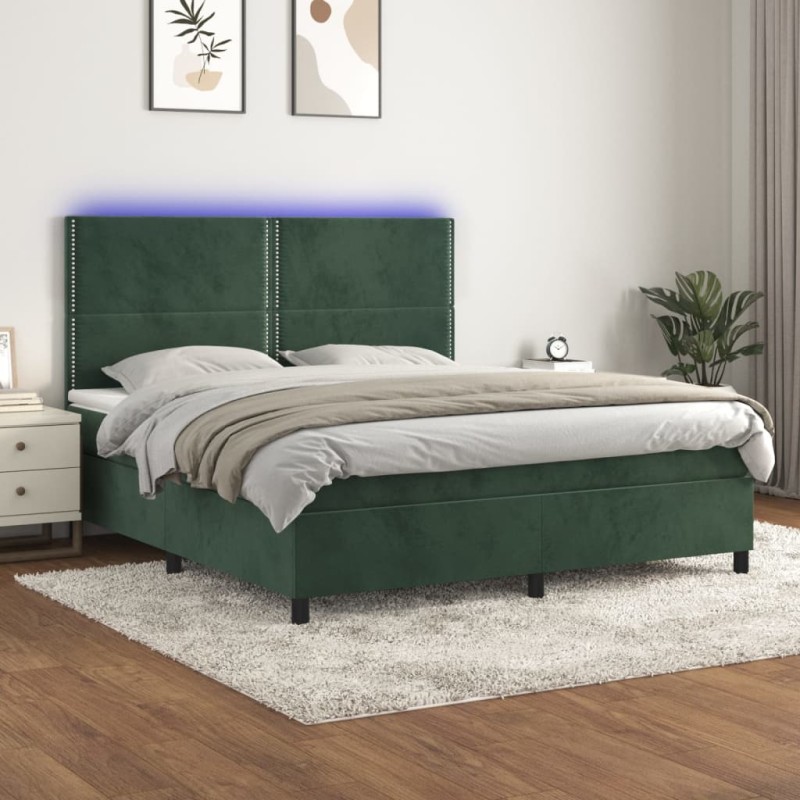 vidaXL Cama box spring colchón y LED terciopelo verde oscuro 180x200cm