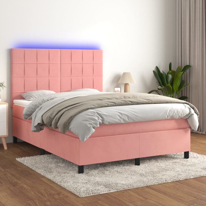 vidaXL Cama box spring colchón y LED terciopelo rosa 140x190 cm vidaXL Cama box spring colchón y LED terciopelo rosa 140x190 cm