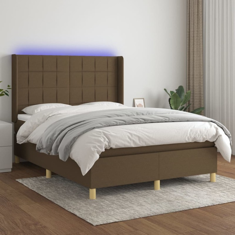 vidaXL Cama box spring colchón luces LED tela marrón oscuro 140x190 cm vidaXL Cama box spring colchón luces LED tela marrón oscuro 140x190 cm