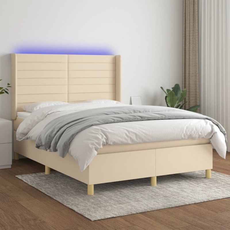 vidaXL Cama box spring colchón y luces LED tela crema 140x190 cm