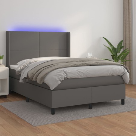 vidaXL Cama box spring colchón y LED cuero sintético gris 140x190 cm