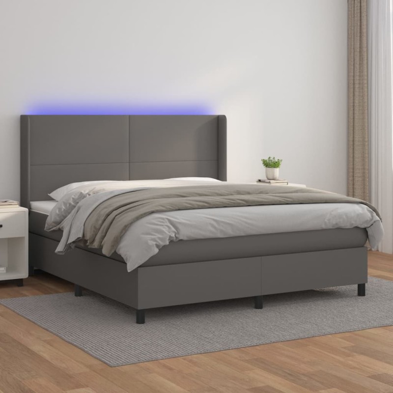 vidaXL Cama box spring colchón y LED cuero sintético gris 160x200 cm vidaXL Cama box spring colchón y LED cuero sintético gris 160x200 cm