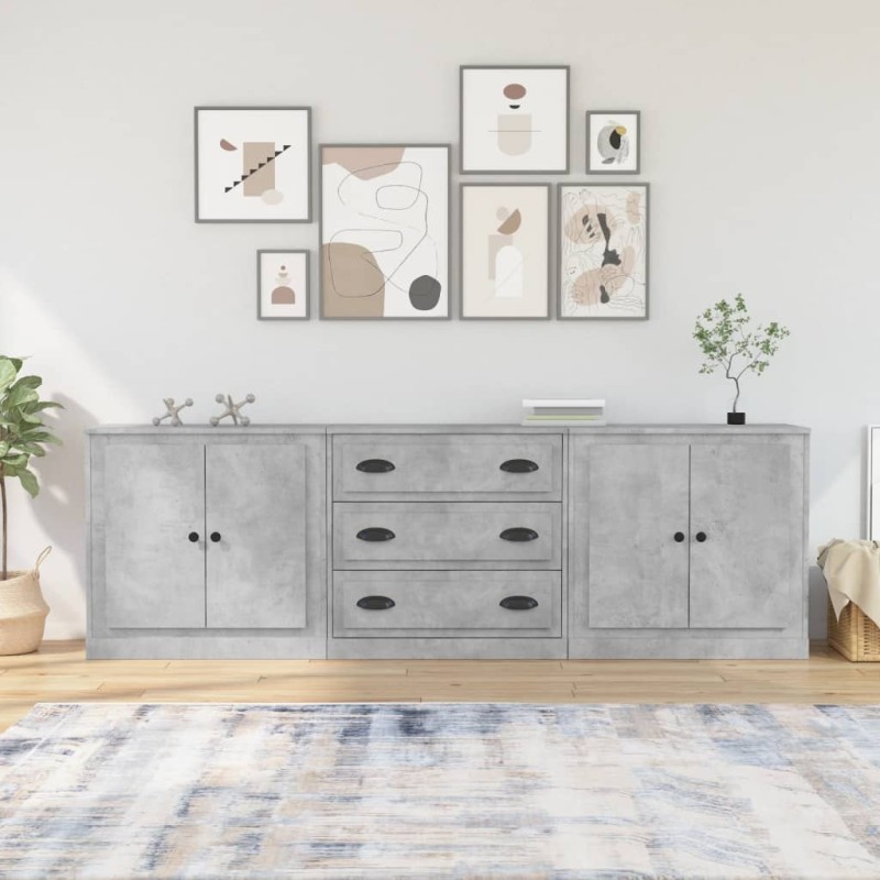 vidaXL Aparadores 3 piezas madera contrachapada gris hormigón vidaXL Aparadores 3 piezas madera contrachapada gris hormigón