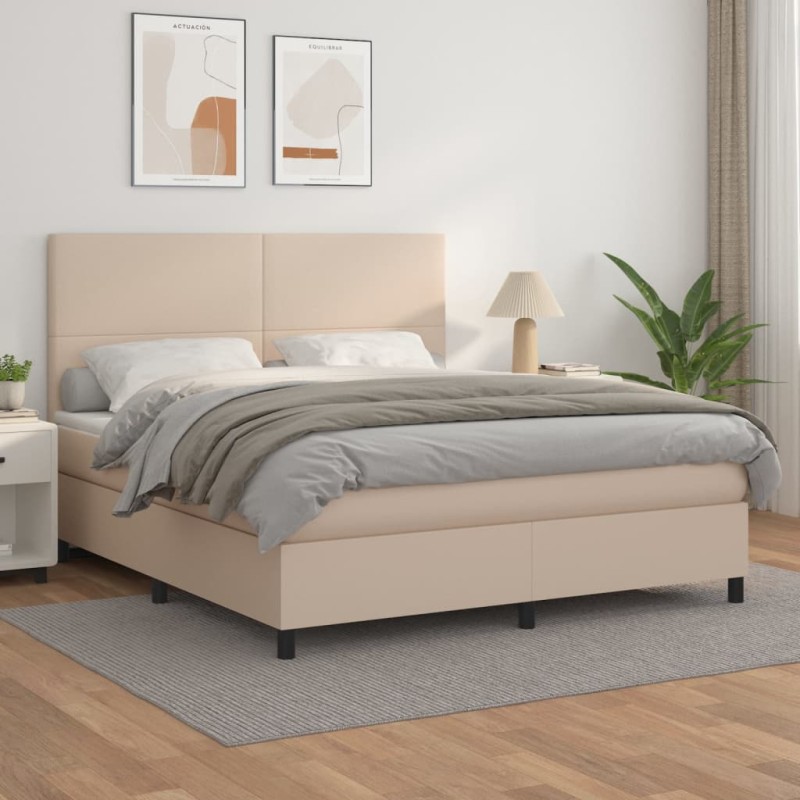 vidaXL Cama box spring con colchón cuero sintético capuchino 160x200cm vidaXL Cama box spring con colchón cuero sintético capuchino 160x200cm