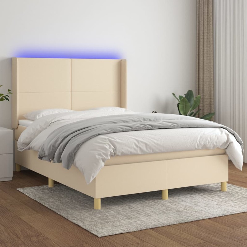 vidaXL Cama box spring colchón y luces LED tela crema 140x200 cm vidaXL Cama box spring colchón y luces LED tela crema 140x200 cm