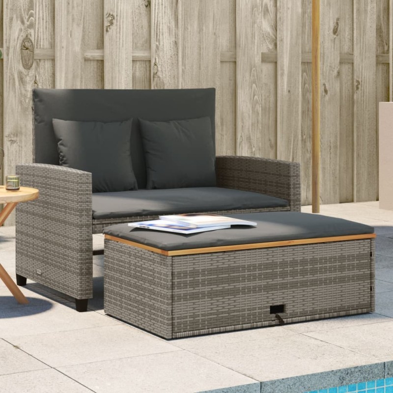 vidaXL Sofá de jardín con cojines 2 plazas ratán sintético madera gris vidaXL Sofá de jardín con cojines 2 plazas ratán sintético madera gris