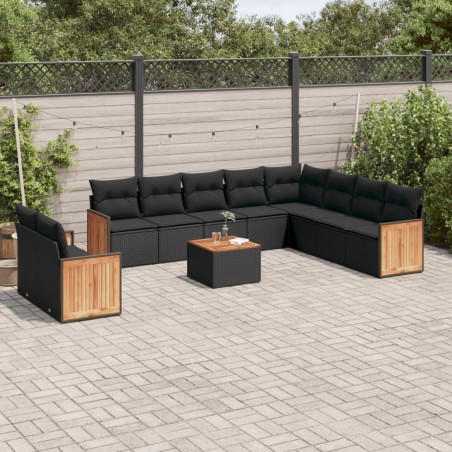 vidaXL Set de sofás de jardín 11 pzas y cojines ratán sintético negro
