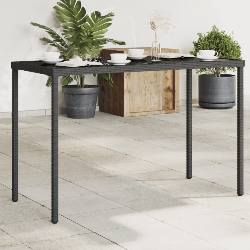 vidaXL Mesa de jardín superficie de vidrio ratán PE negro 115x54x74 cm
