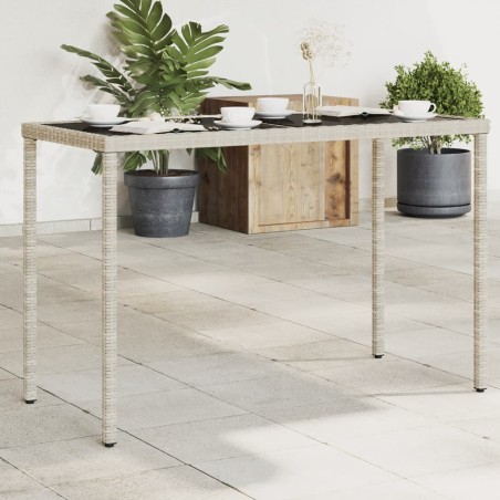 vidaXL Mesa jardín superficie vidrio ratán PE gris claro 115x54x74 cm