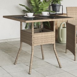 vidaXL Mesa de jardín superficie de vidrio ratán PE beige 80x80x75 cm