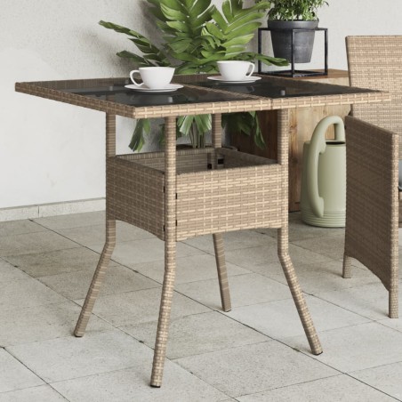 vidaXL Mesa de jardín superficie de vidrio ratán PE beige 80x80x75 cm