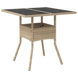 vidaXL Mesa de jardín superficie de vidrio ratán PE beige 80x80x75 cm
