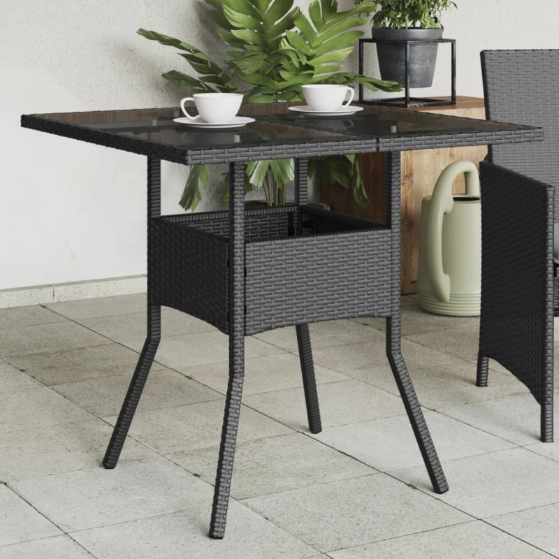 vidaXL Mesa de jardín superficie de vidrio ratán PE negro 80x80x75 cm vidaXL Mesa de jardín superficie de vidrio ratán PE negro 80x80x75 cm