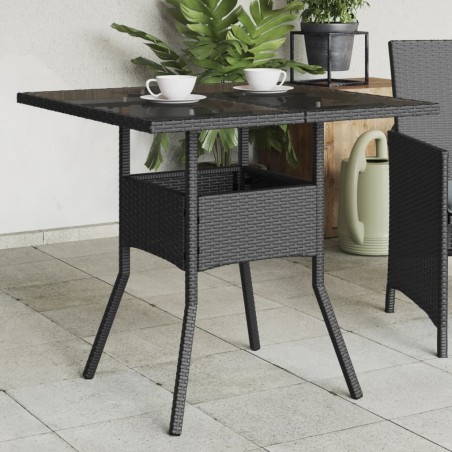 vidaXL Mesa de jardín superficie de vidrio ratán PE negro 80x80x75 cm