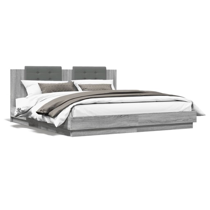 vidaXL Cama con cabecero madera ingeniería gris Sonoma 200x200 cm vidaXL Cama con cabecero madera ingeniería gris Sonoma 200x200 cm