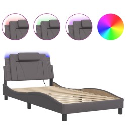 vidaXL Estructura cama con luces LED cuero sintético gris 100x200 cm