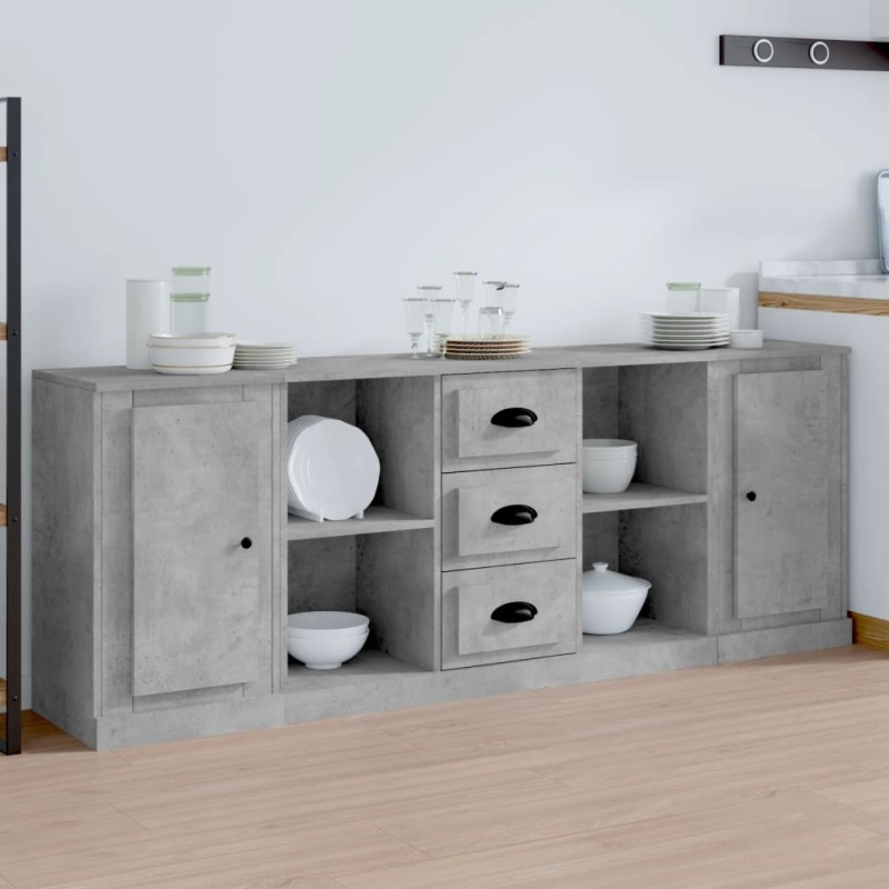 vidaXL Aparadores 3 piezas madera contrachapada gris hormigón vidaXL Aparadores 3 piezas madera contrachapada gris hormigón