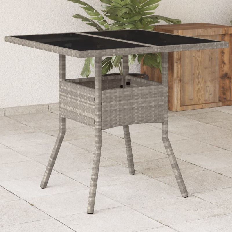 vidaXL Mesa de jardín superficie de vidrio y ratán PE gris 80x80x75 cm vidaXL Mesa de jardín superficie de vidrio y ratán PE gris 80x80x75 cm