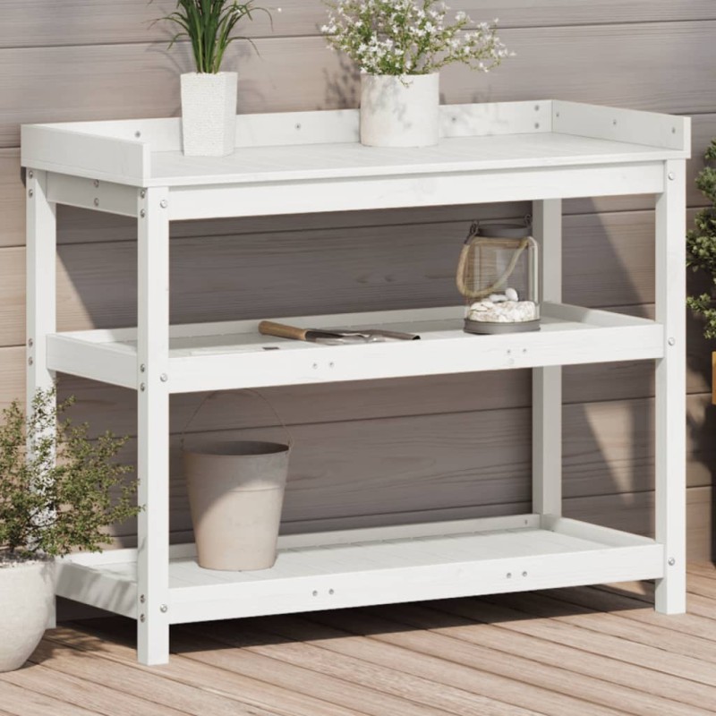 vidaXL Mesa plantación con estantes madera pino blanco 108x45x86,5 cm vidaXL Mesa plantación con estantes madera pino blanco 108x45x86,5 cm
