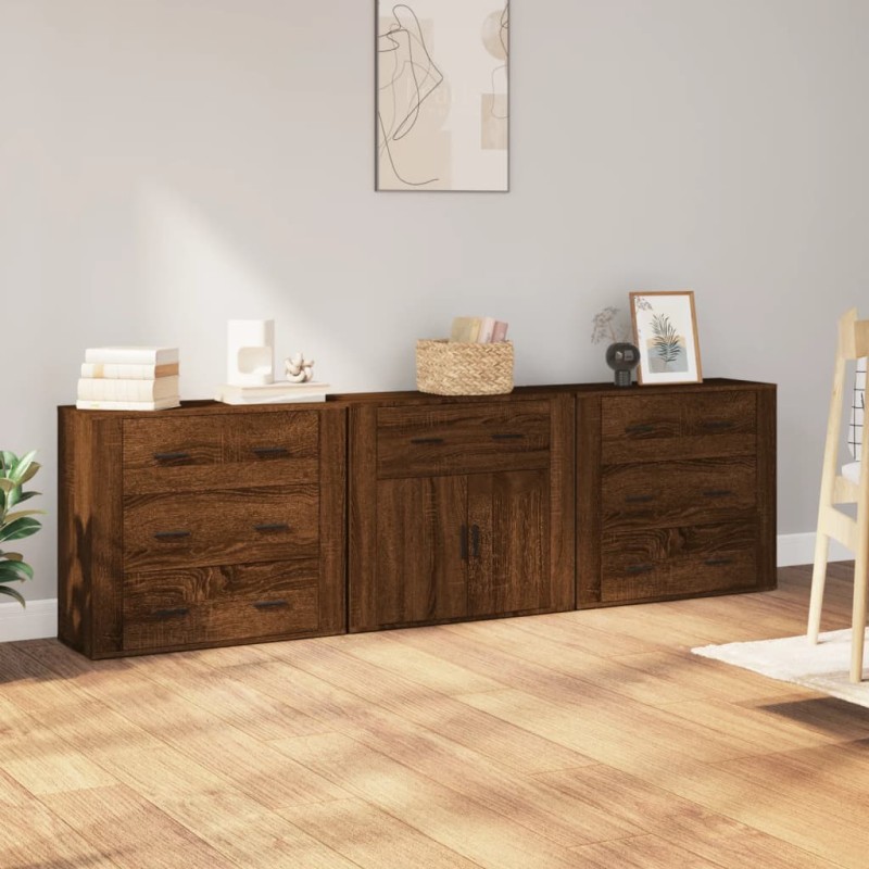 vidaXL Aparadores 3 piezas madera contrachapada marrón roble
