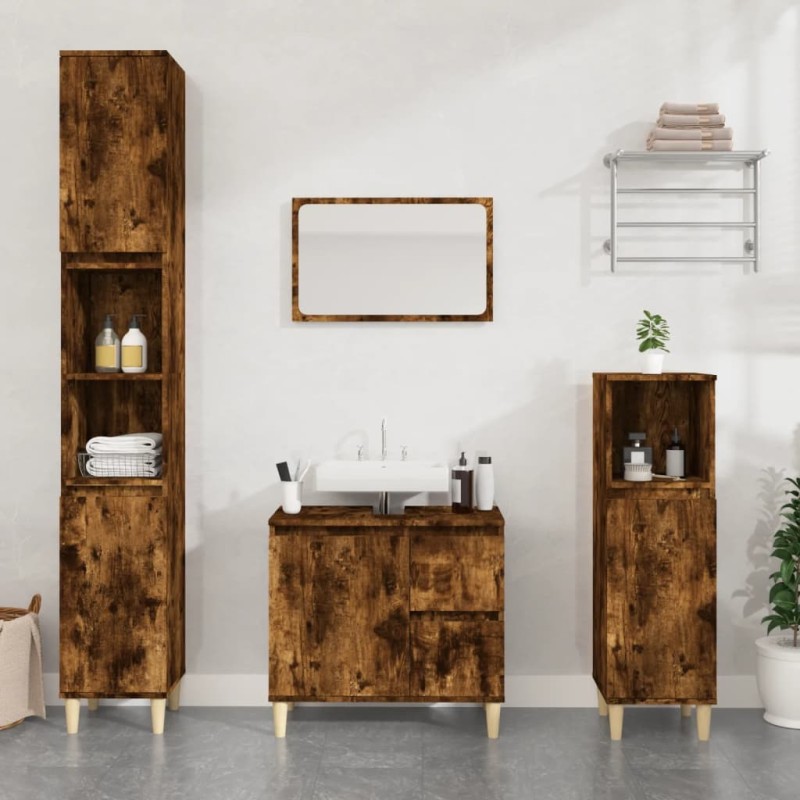 vidaXL Set de muebles baño 3 pzas madera contrachapada roble ahumado vidaXL Set de muebles baño 3 pzas madera contrachapada roble ahumado