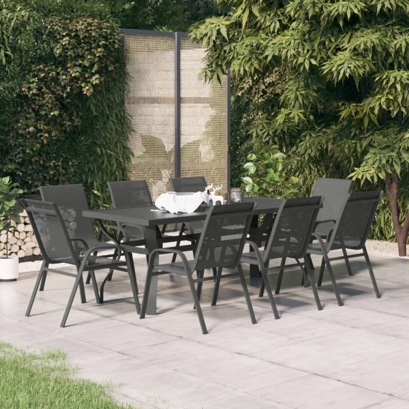 vidaXL Juego de comedor de jardín 9 piezas gris y negro vidaXL Juego de comedor de jardín 9 piezas gris y negro