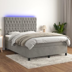 vidaXL Cama box spring colchón y LED terciopelo gris claro 140x190 cm
