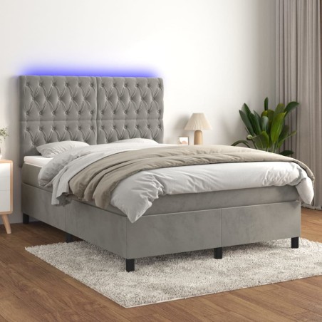 vidaXL Cama box spring colchón y LED terciopelo gris claro 140x190 cm