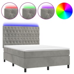 vidaXL Cama box spring colchón y LED terciopelo gris claro 140x190 cm