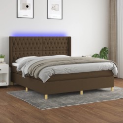 vidaXL Cama box spring colchón luces LED tela marrón oscuro 180x200cm