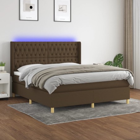vidaXL Cama box spring colchón luces LED tela marrón oscuro 180x200cm