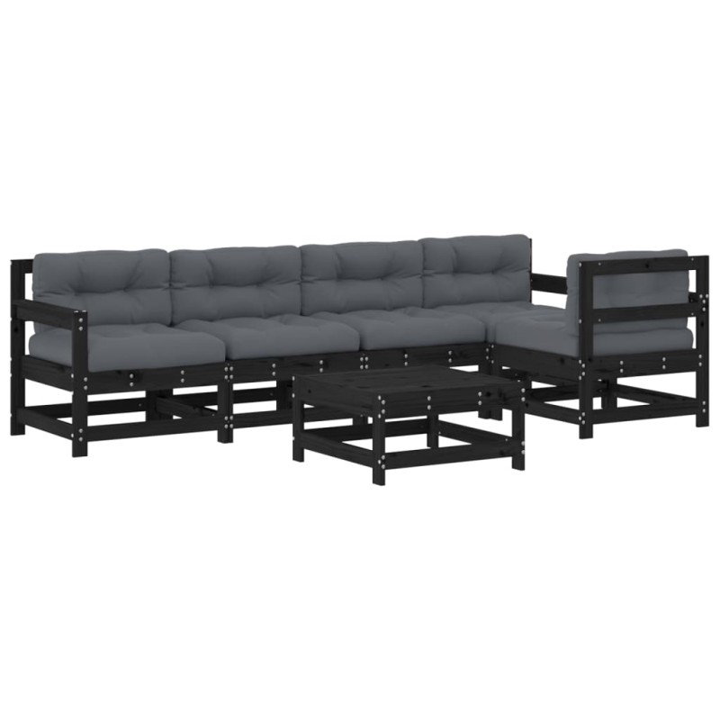 vidaXL Juego de muebles de jardín 6 pzas y cojines madera maciza negro vidaXL Juego de muebles de jardín 6 pzas y cojines madera maciza negro