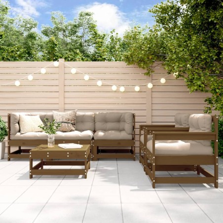 vidaXL Juego muebles jardín 6 pzas y cojines madera maciza marrón miel
