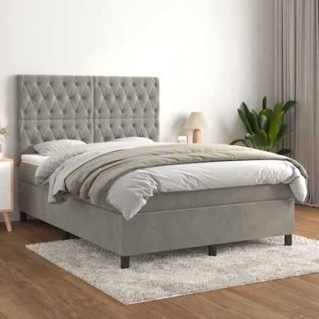 vidaXL Cama box spring con colchón terciopelo gris claro 140x200 cm