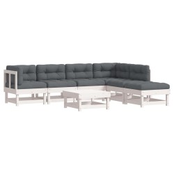 vidaXL Juego de muebles jardín 7 piezas y cojines madera maciza blanco