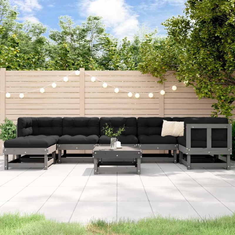 vidaXL Juego de muebles de jardín 8 pzas y cojines madera maciza gris vidaXL Juego de muebles de jardín 8 pzas y cojines madera maciza gris