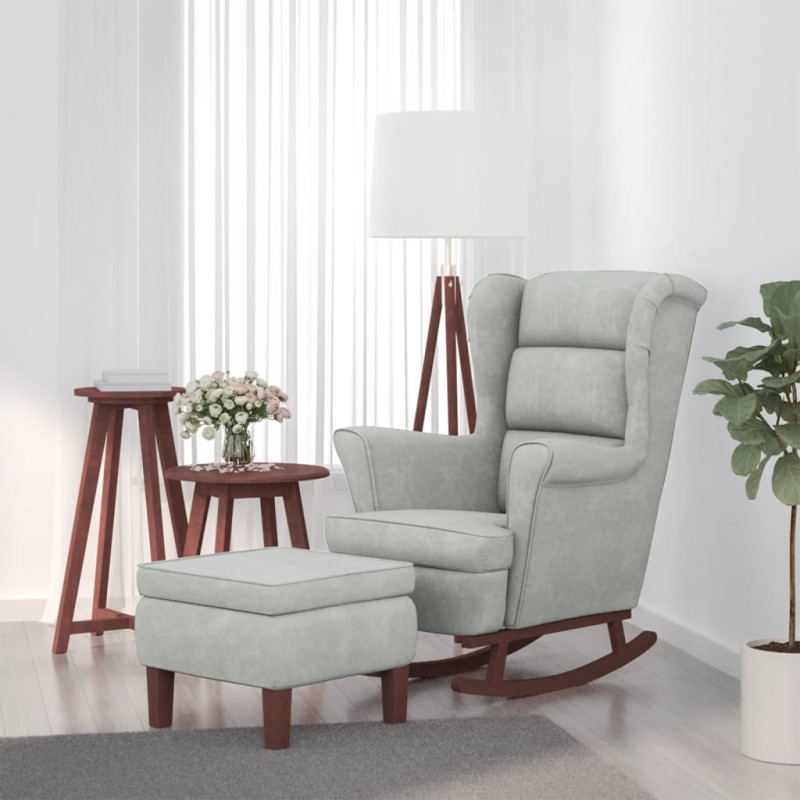 vidaXL Sillón mecedora patas madera y taburete terciopelo gris claro vidaXL Sillón mecedora patas madera y taburete terciopelo gris claro