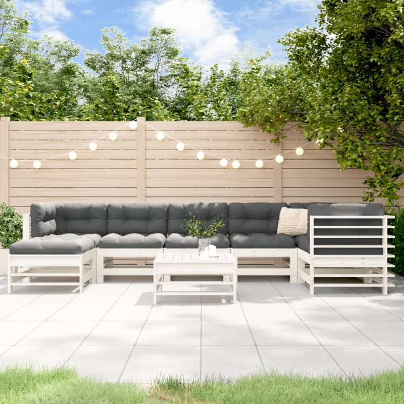 vidaXL Juego de muebles jardín 8 pzas y cojines madera maciza blanco vidaXL Juego de muebles jardín 8 pzas y cojines madera maciza blanco