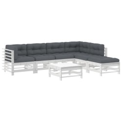 vidaXL Juego de muebles jardín 7 piezas y cojines madera maciza blanco