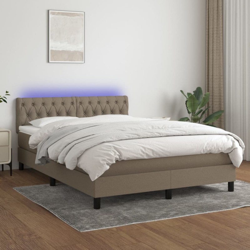 vidaXL Cama box spring colchón y luces LED tela gris taupe 140x190 cm