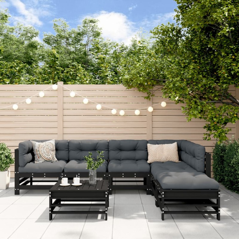 vidaXL Juego de muebles de jardín 7 pzas y cojines madera maciza negro vidaXL Juego de muebles de jardín 7 pzas y cojines madera maciza negro