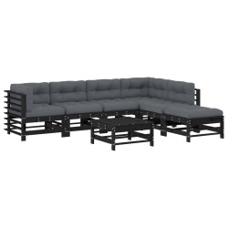 vidaXL Juego de muebles de jardín 7 pzas y cojines madera maciza negro