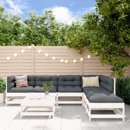 vidaXL Juego de muebles jardín 7 piezas y cojines madera maciza blanco