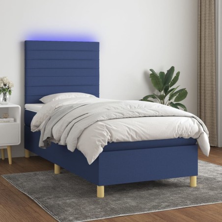 vidaXL Cama box spring colchón y luces LED tela azul 90x190 cm