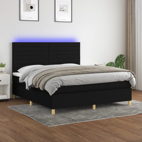 vidaXL Cama box spring colchón y luces LED tela negro 160x200 cm