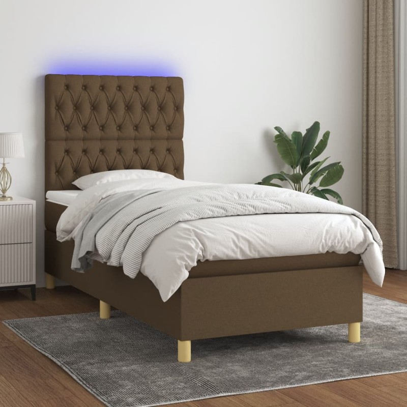 vidaXL Cama box spring colchón luces LED tela marrón oscuro 100x200cm vidaXL Cama box spring colchón luces LED tela marrón oscuro 100x200cm
