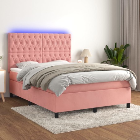 vidaXL Cama box spring colchón y LED terciopelo rosa 140x190 cm