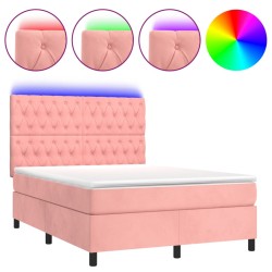 vidaXL Cama box spring colchón y LED terciopelo rosa 140x190 cm